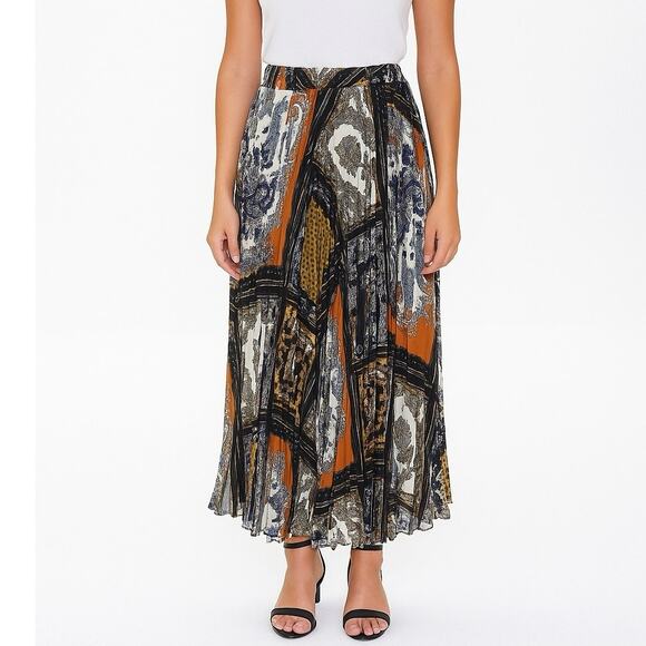 H&M Patchwork Print Pleated Maxi Skirt Size Small Blue, Orange, Yellow - Picture 1 of 9